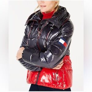 tommy hilfiger hooded colorblock puffer coat